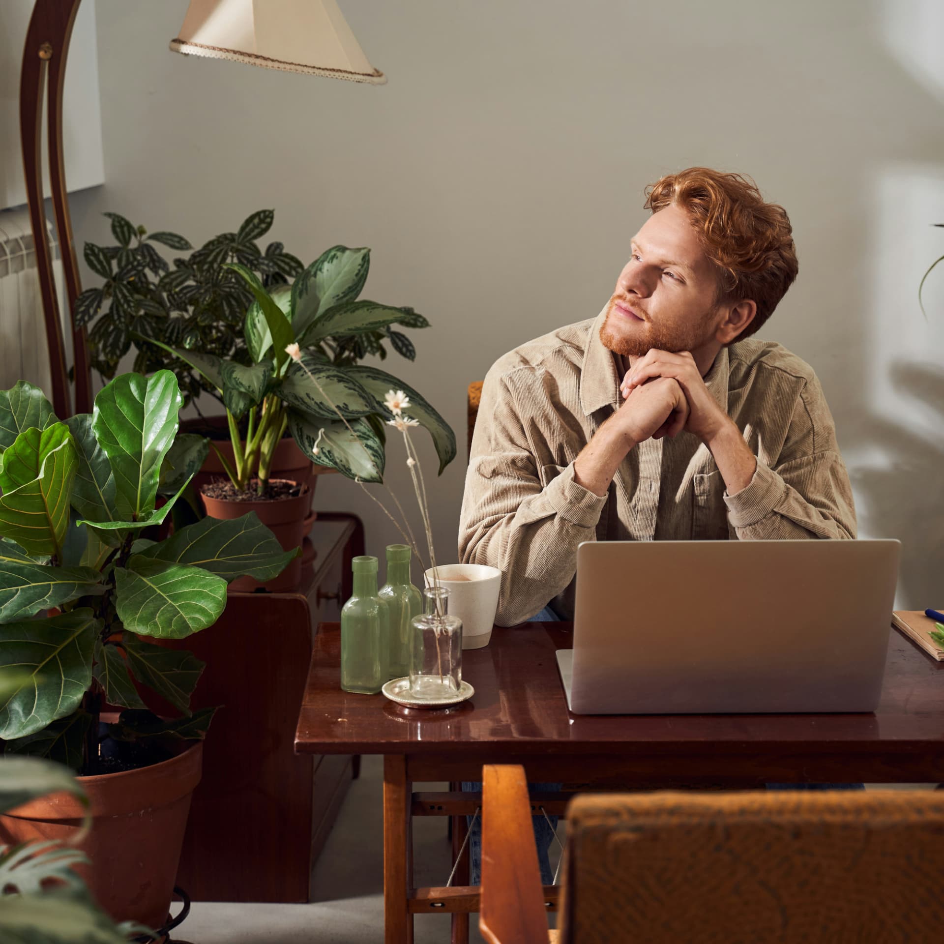 Man sitting at a wooden desk with a laptop, surrounded by houseplants